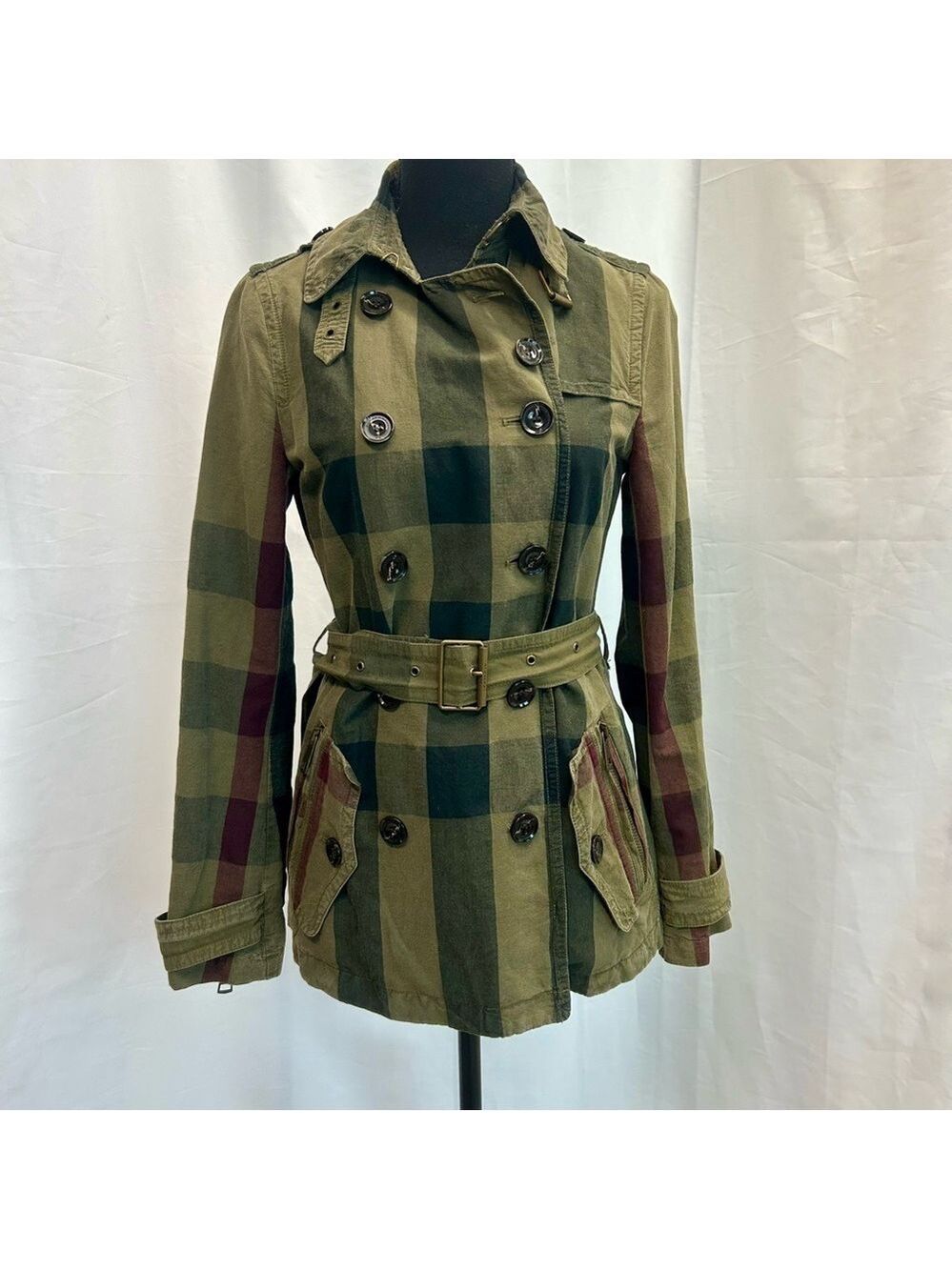 Burberry Brit Check Trench Coat Jacket double breasted Short Linen green belted